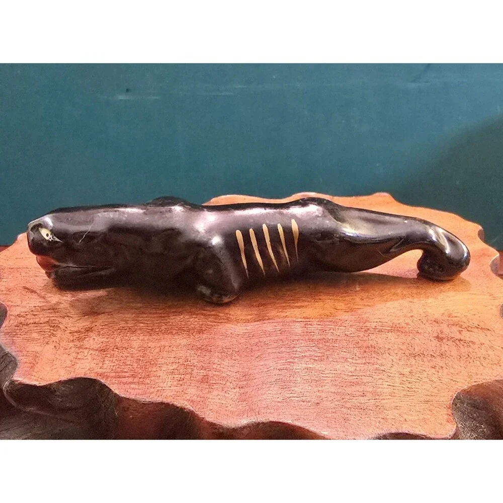 Stalking Black Panther Redware Ceramic Figurine Made in Japan Vintage 5